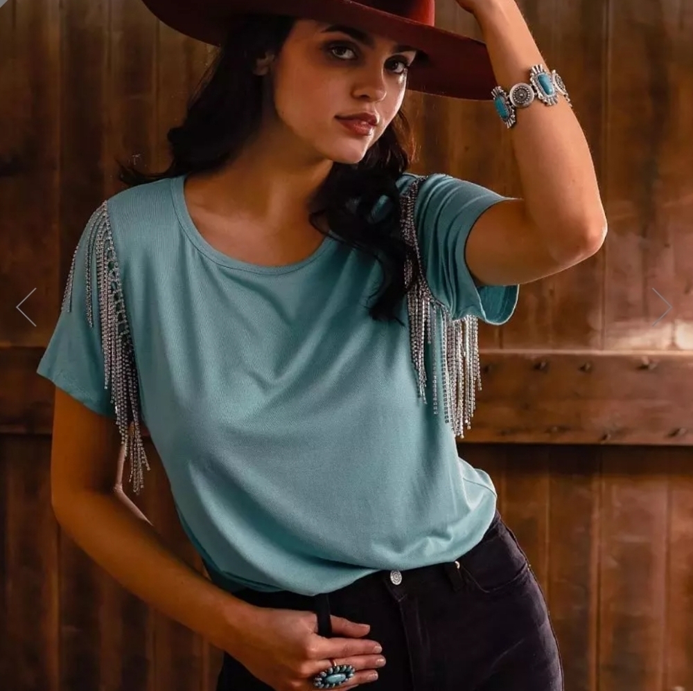Tiffany Sea Glass Blue Buckle Top With Rhinestone Tassels